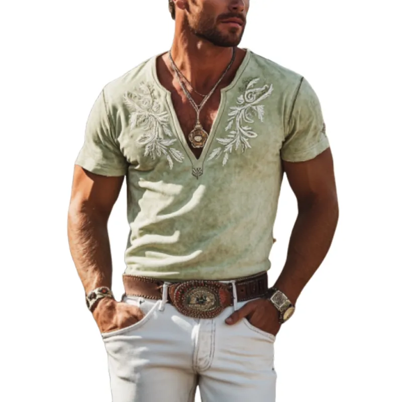Men's Retro Western Embroidered Slim Suede Deep V Neck T-Shirt 49499450K sold by Manly