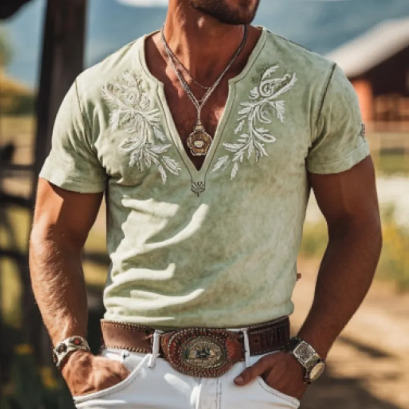 Men's Retro Western Embroidered Slim Suede Deep V Neck T-Shirt 49499450K sold by Manly product image thumbnail 3