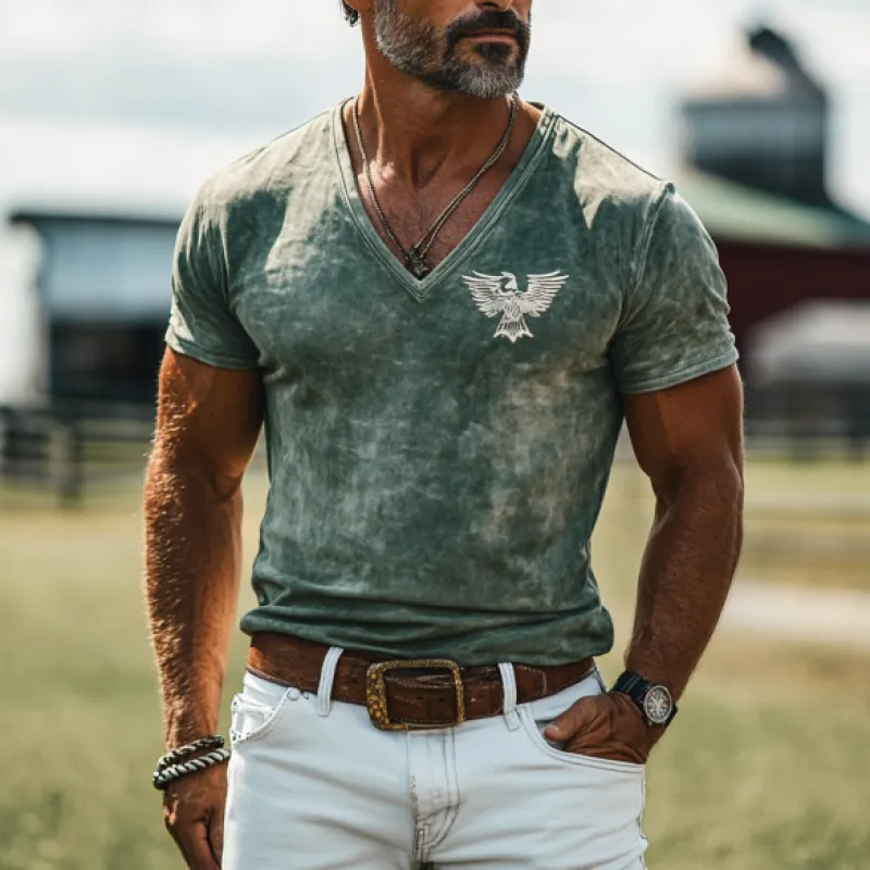 Men's Retro Western Style Slim Fit Suede Deep V Neck T-Shirt 71018265K sold by Manly product image thumbnail 2