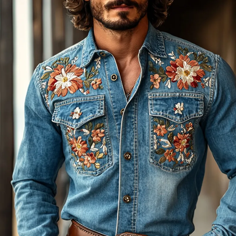 Men's Western Cowboy Style Embroidered Lapel Chest Pocket Long Sleeve Denim Shirt 66226570Z sold by Manly product image thumbnail 4