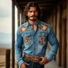 Men's Western Cowboy Style Embroidered Lapel Chest Pocket Long Sleeve Denim Shirt 66226570Z sold by Manly