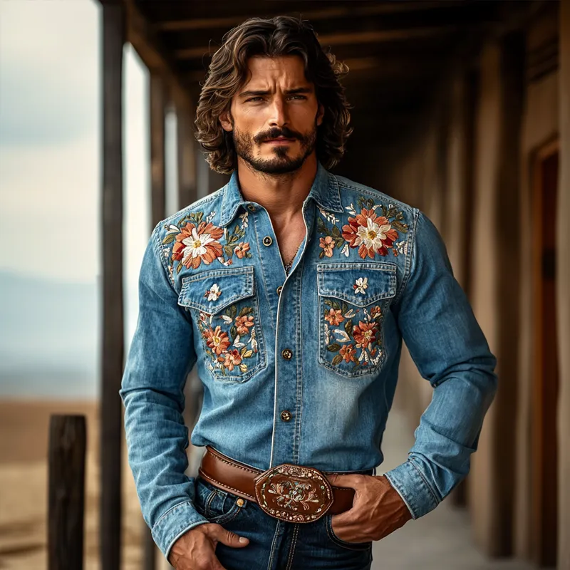 Men's Western Cowboy Style Embroidered Lapel Chest Pocket Long Sleeve Denim Shirt 66226570Z sold by Manly product image thumbnail 3