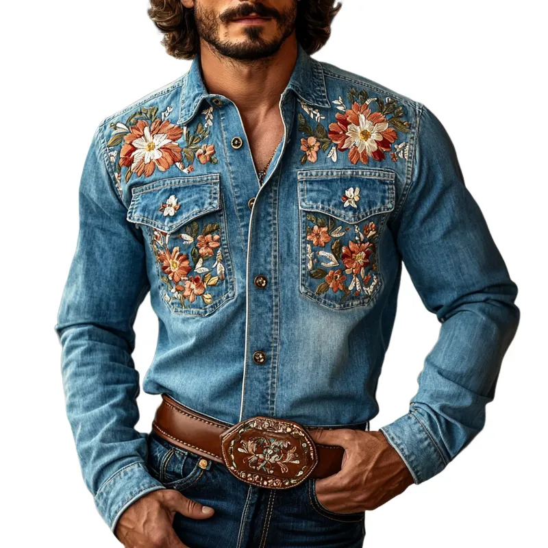 Men's Western Cowboy Style Embroidered Lapel Chest Pocket Long Sleeve Denim Shirt 66226570Z sold by Manly