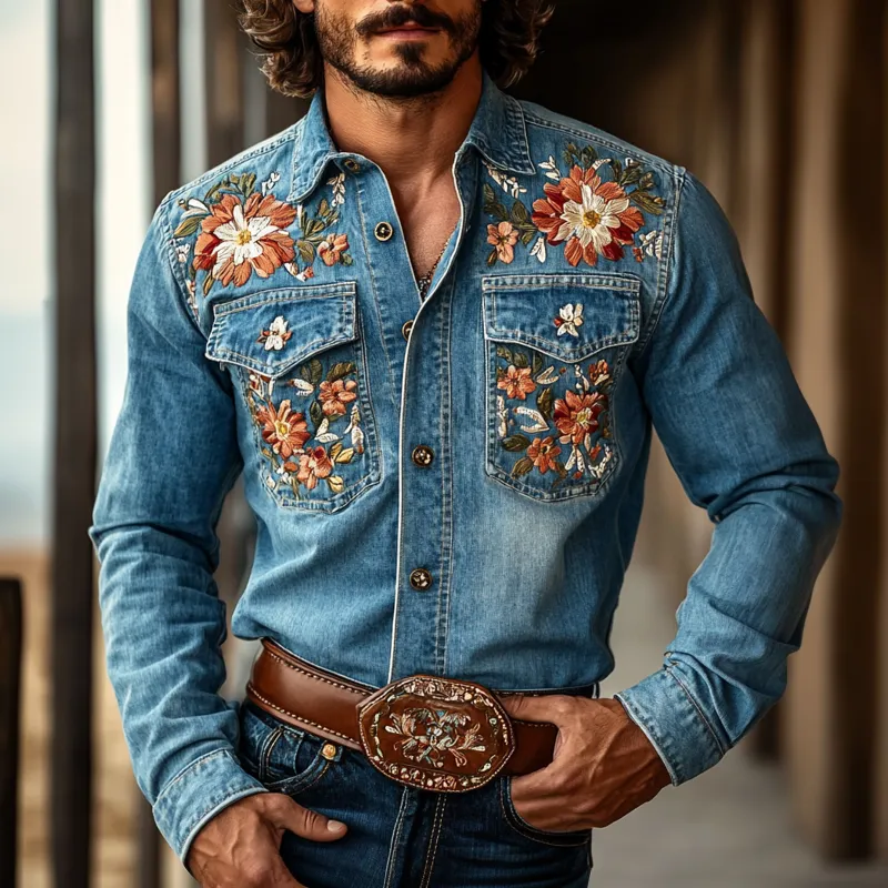 Men's Western Cowboy Style Embroidered Lapel Chest Pocket Long Sleeve Denim Shirt 66226570Z sold by Manly product image thumbnail 2