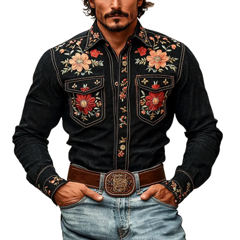 Men's Western Cowboy Style Embroidered Lapel Chest Pocket Long Sleeve Denim Shirt 36643026Z sold by Manly
