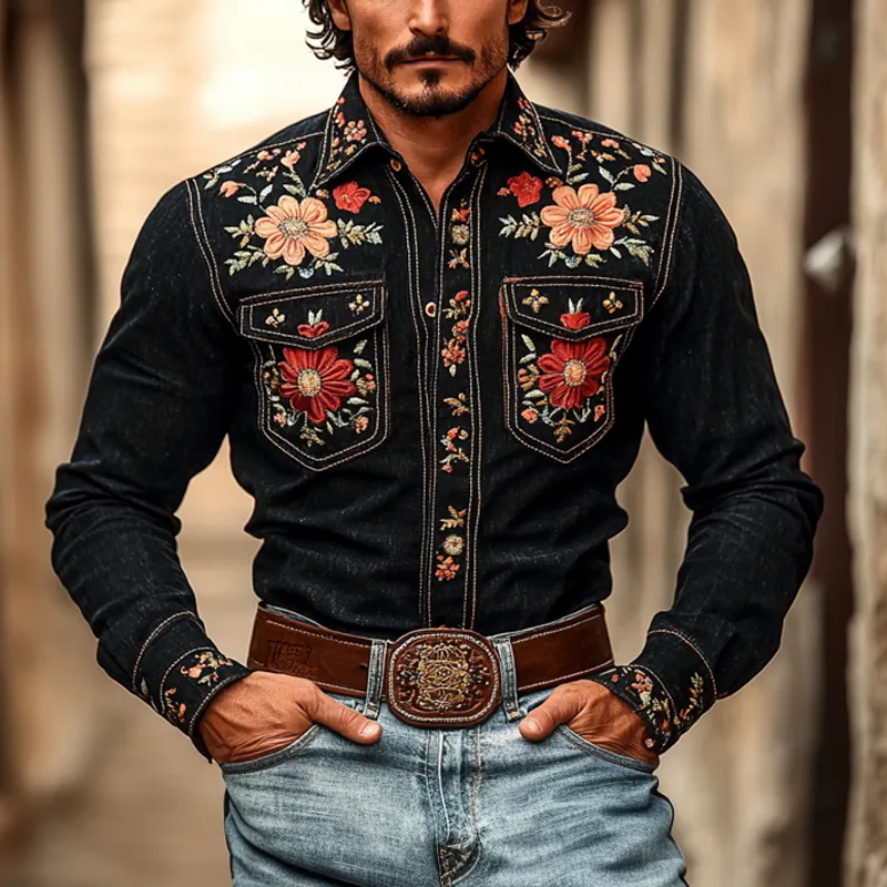 Men's Western Cowboy Style Embroidered Lapel Chest Pocket Long Sleeve Denim Shirt 36643026Z sold by Manly product image thumbnail 2