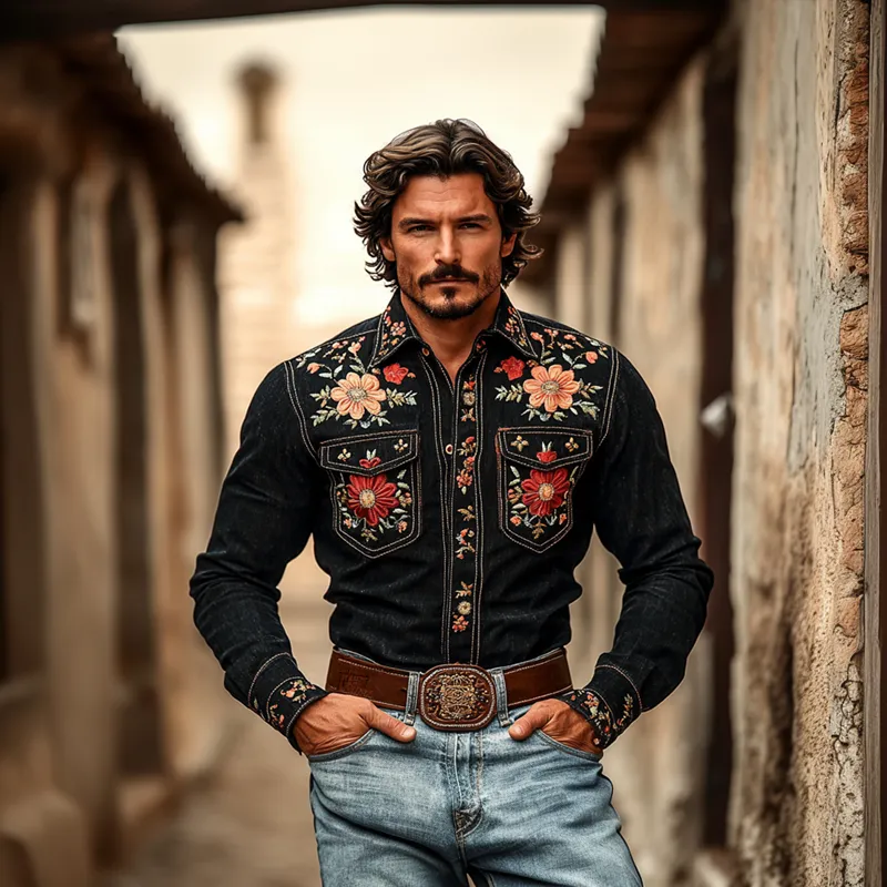 Men's Western Cowboy Style Embroidered Lapel Chest Pocket Long Sleeve Denim Shirt 36643026Z sold by Manly product image thumbnail 3