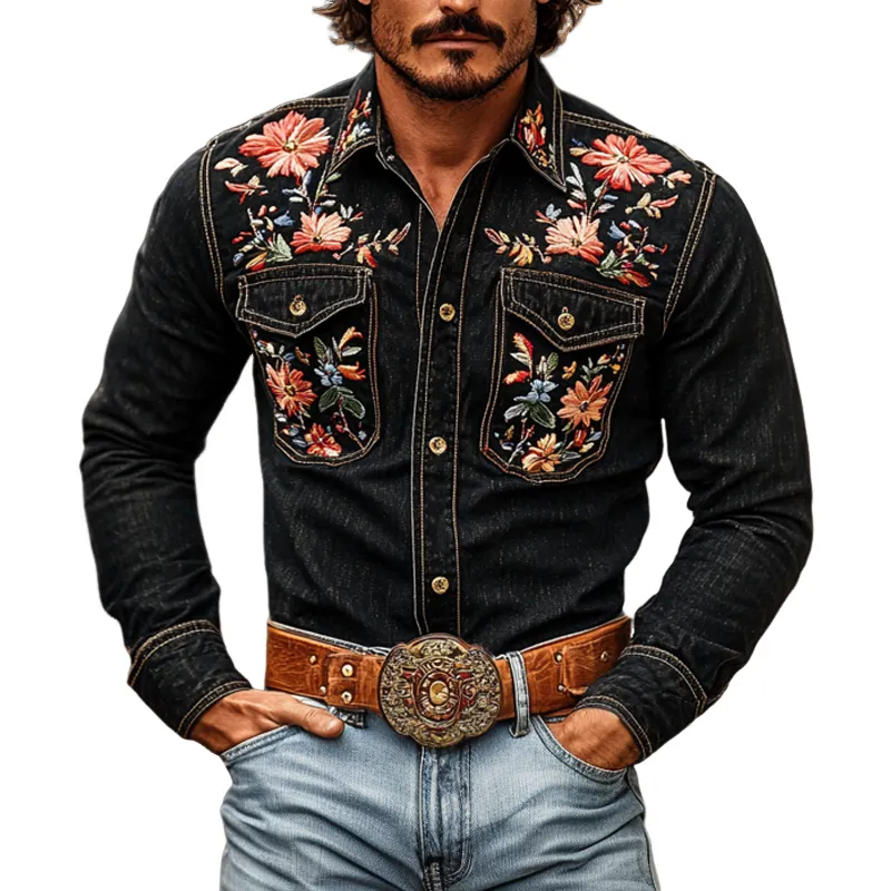 Men's Western Cowboy Style Embroidered Lapel Chest Pocket Long Sleeve Denim Shirt 77985402Z sold by Manly