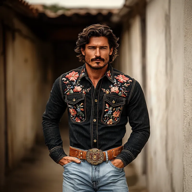 Men's Western Cowboy Style Embroidered Lapel Chest Pocket Long Sleeve Denim Shirt 77985402Z sold by Manly product image thumbnail 3