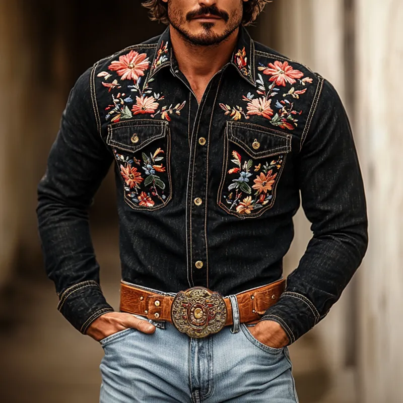 Men's Western Cowboy Style Embroidered Lapel Chest Pocket Long Sleeve Denim Shirt 77985402Z sold by Manly product image thumbnail 2