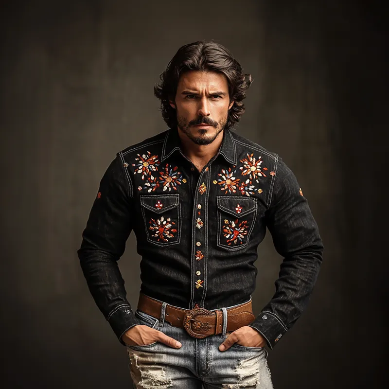 Men's Western Cowboy Style Embroidered Lapel Chest Pocket Long Sleeve Denim Shirt 94185210Z sold by Manly product image thumbnail 3