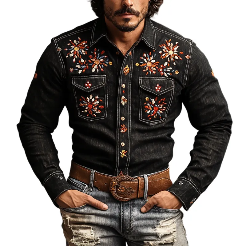 Men's Western Cowboy Style Embroidered Lapel Chest Pocket Long Sleeve Denim Shirt 94185210Z sold by Manly
