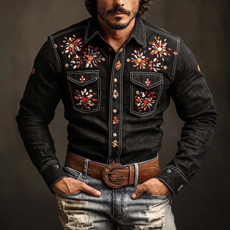 Men's Western Cowboy Style Embroidered Lapel Chest Pocket Long Sleeve Denim Shirt 94185210Z sold by Manly product image thumbnail 2