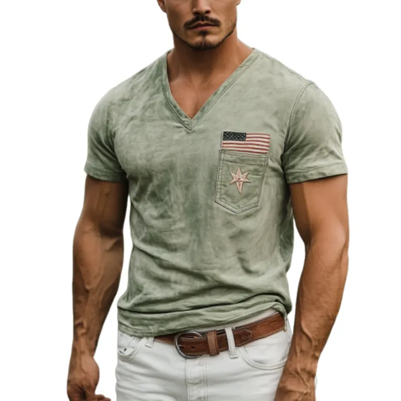 Men's American Retro Slim Suede Deep V Neck T-Shirt 18175159K sold by Manly