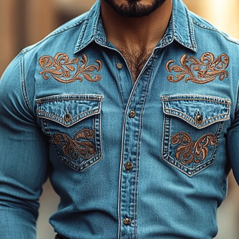 Men's Western Cowboy Style Embroidered Lapel Chest Pocket Long Sleeve Denim Shirt 40525984Z sold by Manly product image thumbnail 3