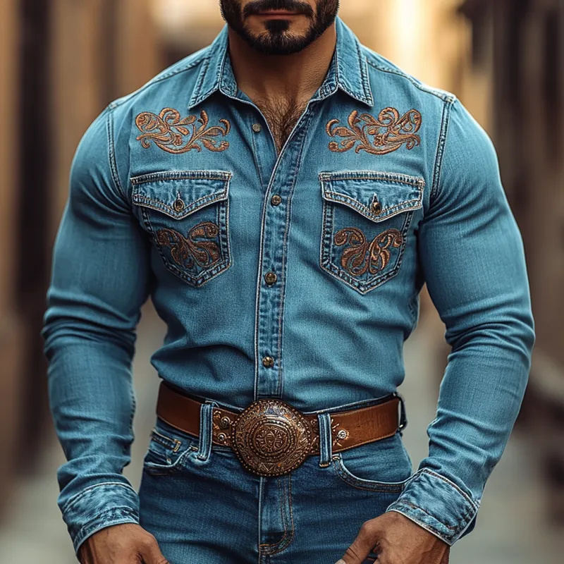 Men's Western Cowboy Style Embroidered Lapel Chest Pocket Long Sleeve Denim Shirt 40525984Z sold by Manly product image thumbnail 2