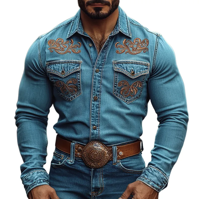Men's Western Cowboy Style Embroidered Lapel Chest Pocket Long Sleeve Denim Shirt 40525984Z sold by Manly