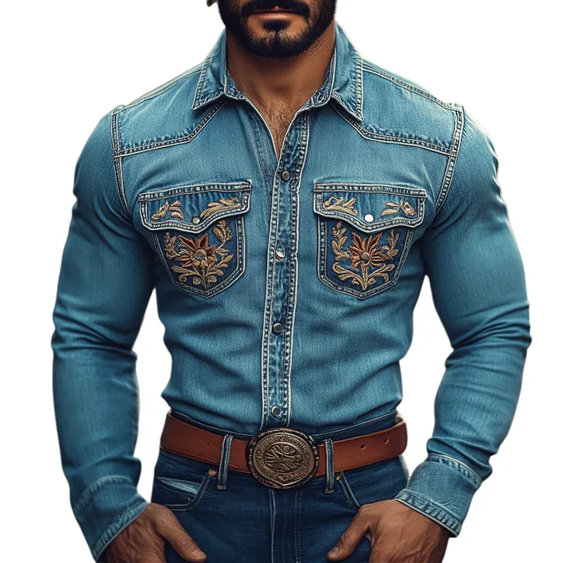Men's Western Cowboy Style Embroidered Lapel Chest Pocket Long Sleeve Denim Shirt 37517492Z sold by Manly