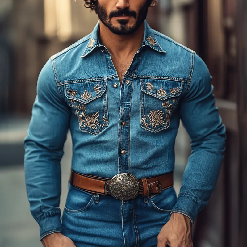 Men's Western Cowboy Style Embroidered Lapel Chest Pocket Long Sleeve Denim Shirt 71342757Z sold by Manly product image thumbnail 2