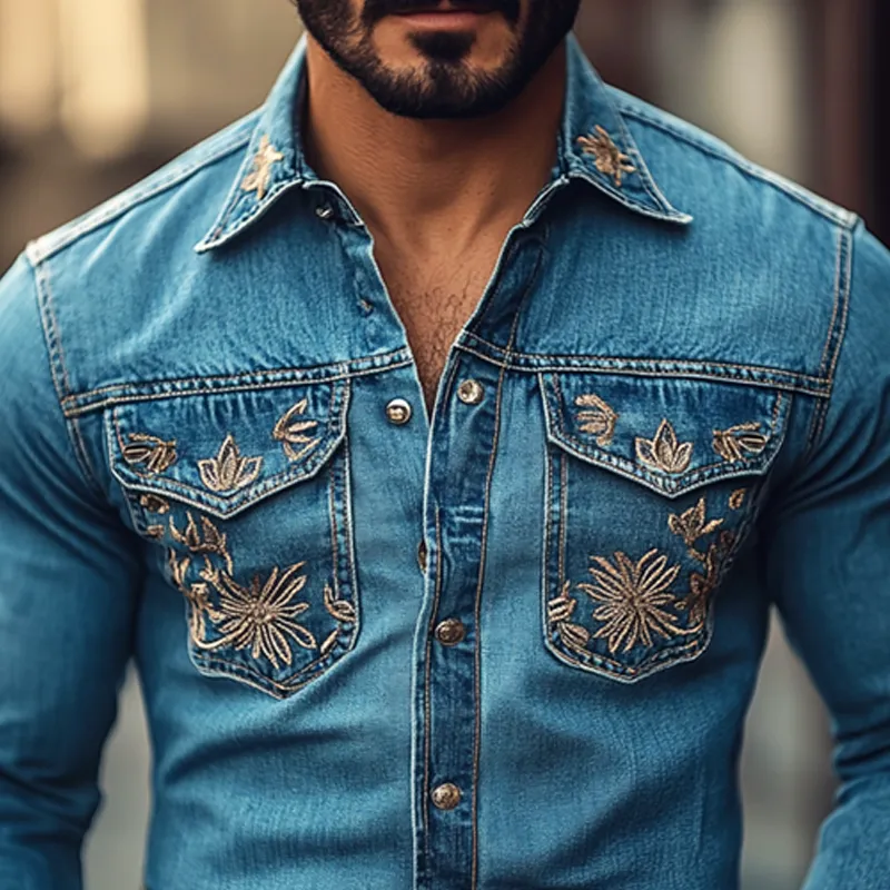 Men's Western Cowboy Style Embroidered Lapel Chest Pocket Long Sleeve Denim Shirt 71342757Z sold by Manly product image thumbnail 3