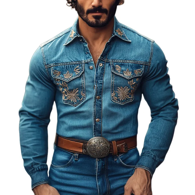 Men's Western Cowboy Style Embroidered Lapel Chest Pocket Long Sleeve Denim Shirt 71342757Z sold by Manly