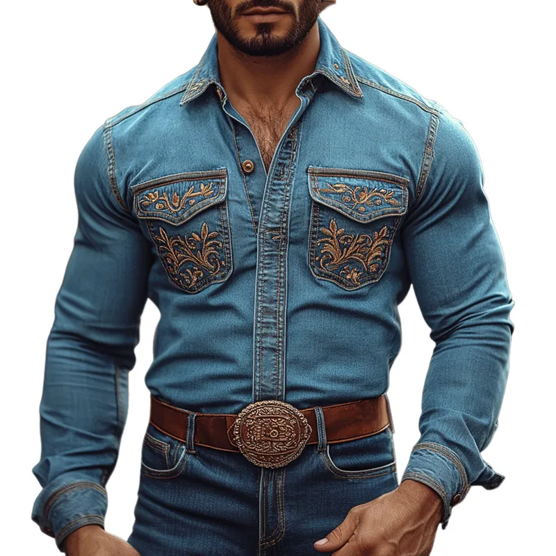 Men's Western Cowboy Style Embroidered Lapel Chest Pocket Long Sleeve Denim Shirt 49834284Z sold by Manly