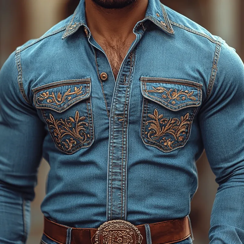 Men's Western Cowboy Style Embroidered Lapel Chest Pocket Long Sleeve Denim Shirt 49834284Z sold by Manly product image thumbnail 3