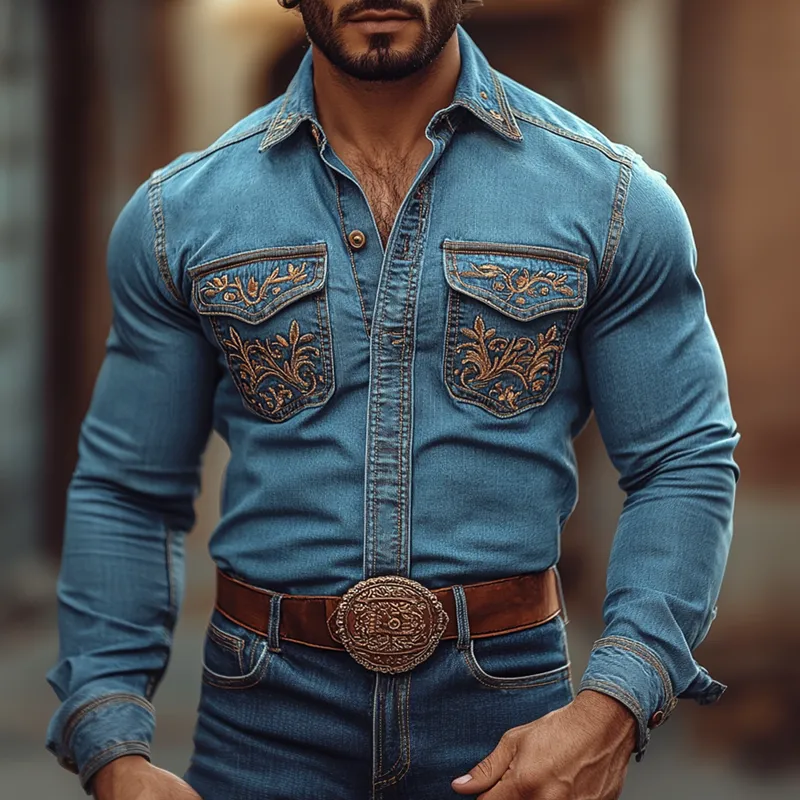 Men's Western Cowboy Style Embroidered Lapel Chest Pocket Long Sleeve Denim Shirt 49834284Z sold by Manly product image thumbnail 2
