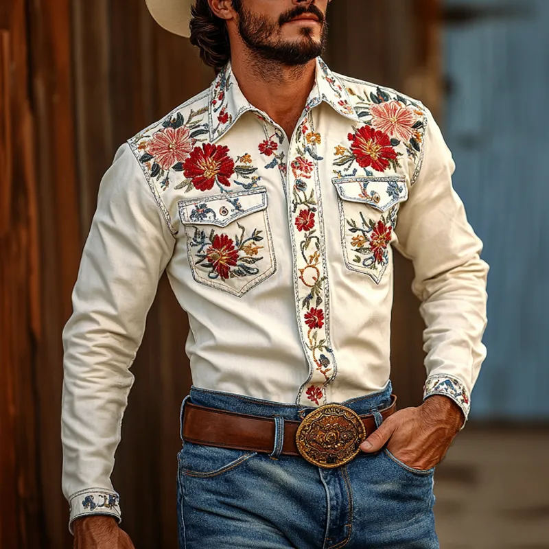 Men's Western Cowboy Style Embroidered Lapel Chest Pocket Long Sleeve Cotton Shirt 72698782Z sold by Manly product image thumbnail 2