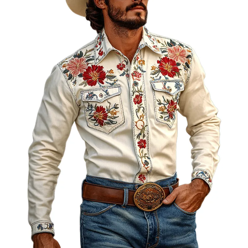 Men's Western Cowboy Style Embroidered Lapel Chest Pocket Long Sleeve Cotton Shirt 72698782Z sold by Manly