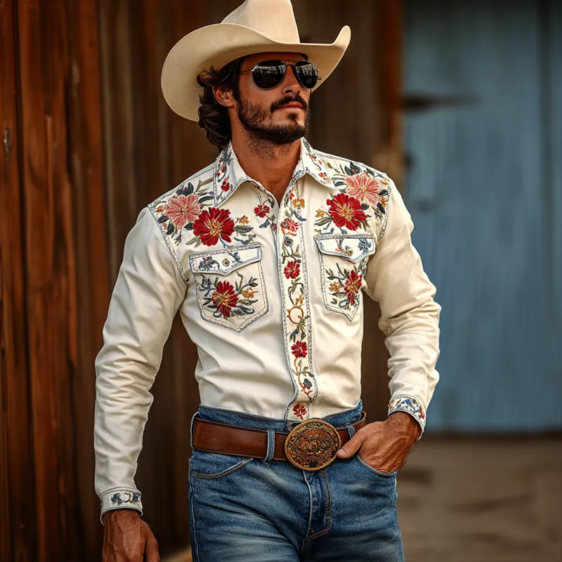 Men's Western Cowboy Style Embroidered Lapel Chest Pocket Long Sleeve Cotton Shirt 72698782Z sold by Manly product image thumbnail 3