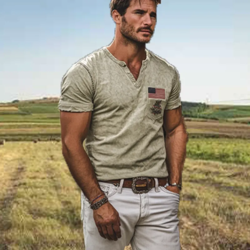Men's American Retro Western Style Embroidered Slim Suede V-Neck T-Shirt 94490019K sold by Manly product image thumbnail 2
