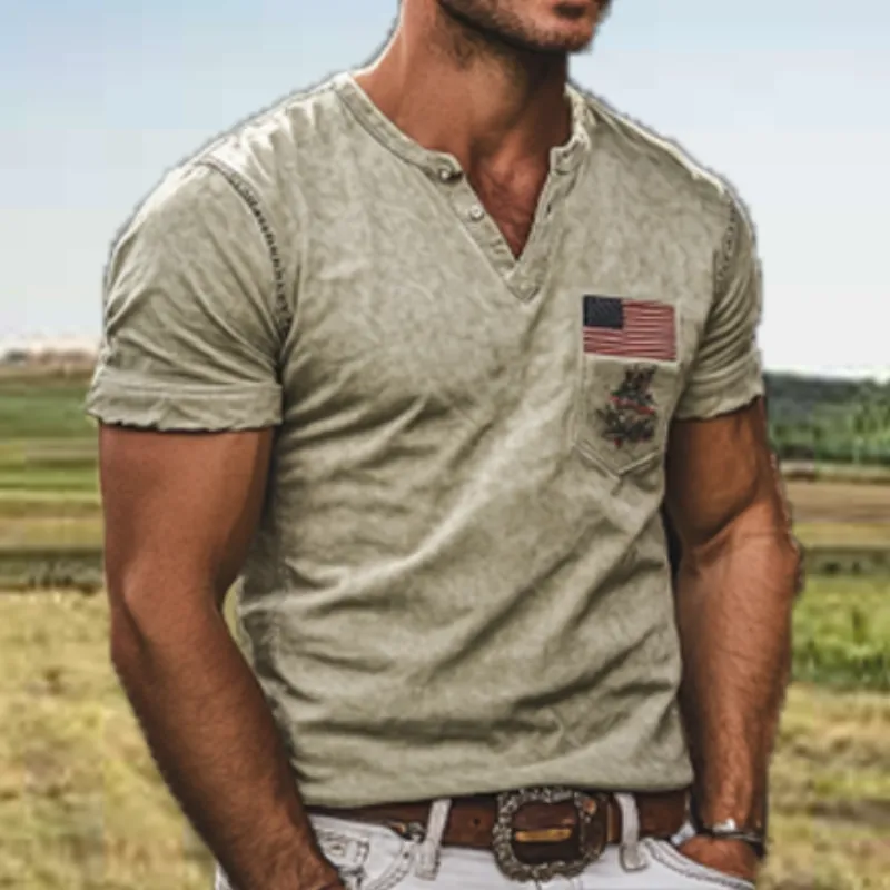 Men's American Retro Western Style Embroidered Slim Suede V-Neck T-Shirt 94490019K sold by Manly product image thumbnail 4