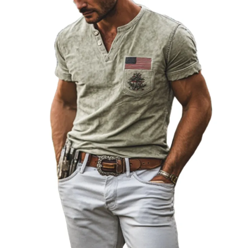 Men's American Retro Western Style Embroidered Slim Suede V-Neck T-Shirt 94490019K sold by Manly