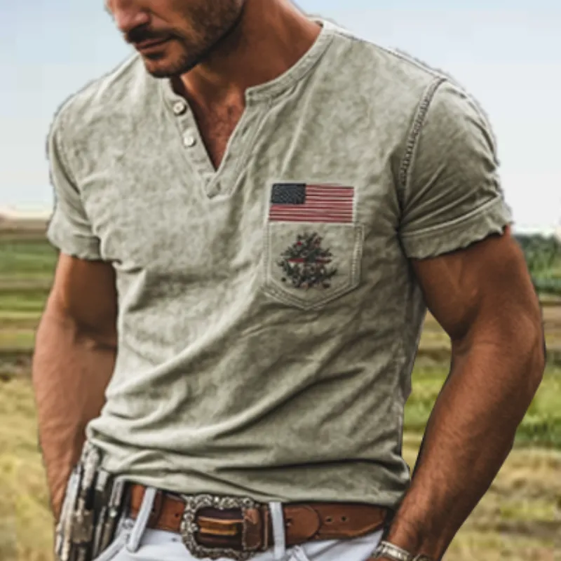 Men's American Retro Western Style Embroidered Slim Suede V-Neck T-Shirt 94490019K sold by Manly product image thumbnail 3