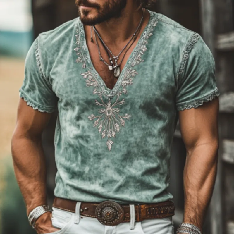 Men's Retro Western Embroidered Slim Suede Deep V Neck T-Shirt 56440135K sold by Manly product image thumbnail 3