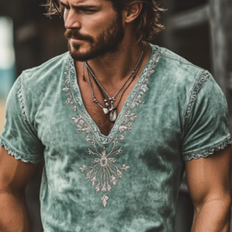 Men's Retro Western Embroidered Slim Suede Deep V Neck T-Shirt 56440135K sold by Manly product image thumbnail 4