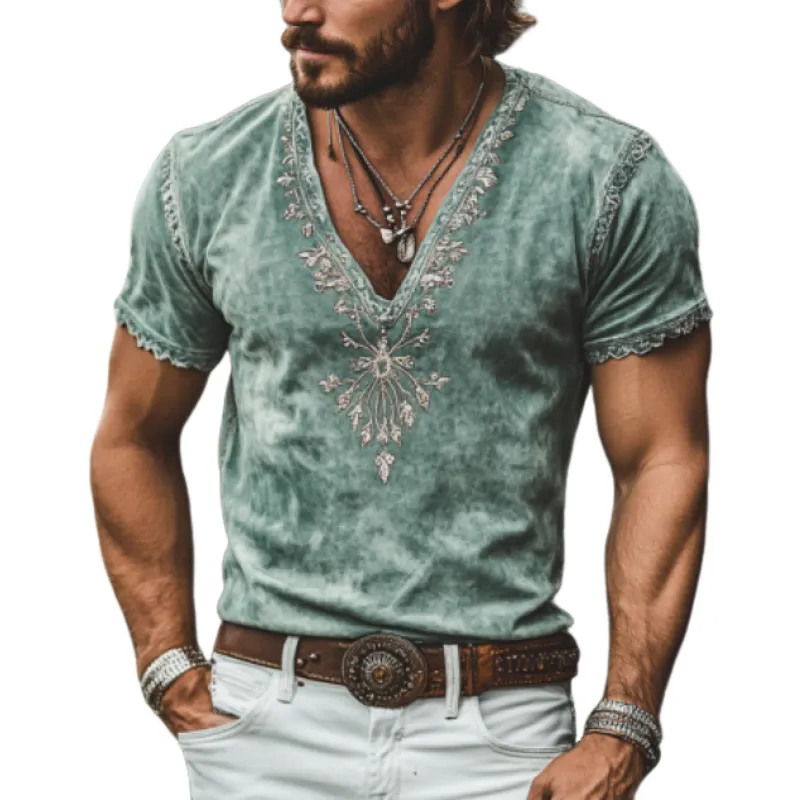 Men's Retro Western Embroidered Slim Suede Deep V Neck T-Shirt 56440135K sold by Manly