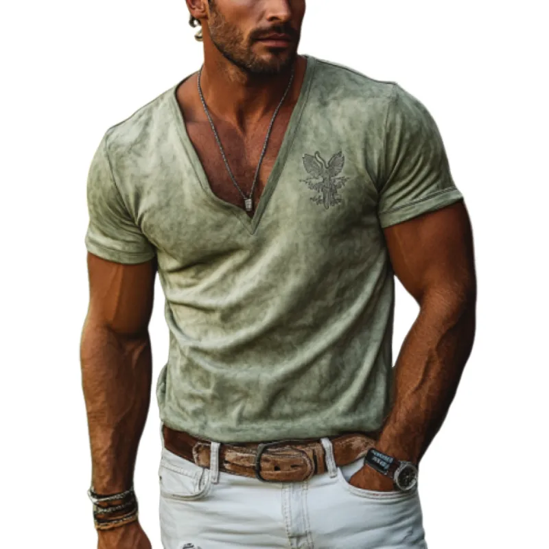 Men's Retro 90s Western Style Slim Fit Suede Deep V Neck T-Shirt 65981092K sold by Manly