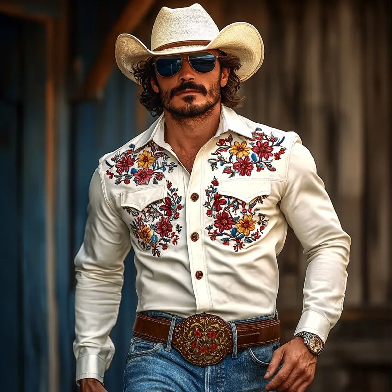 Men's Western Cowboy Style Embroidered Lapel Chest Pocket Long Sleeve Cotton Shirt 23231217Z sold by Manly product image thumbnail 3