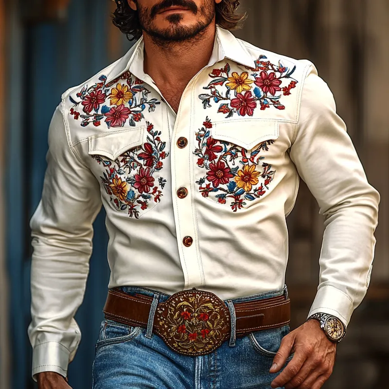 Men's Western Cowboy Style Embroidered Lapel Chest Pocket Long Sleeve Cotton Shirt 23231217Z sold by Manly product image thumbnail 2