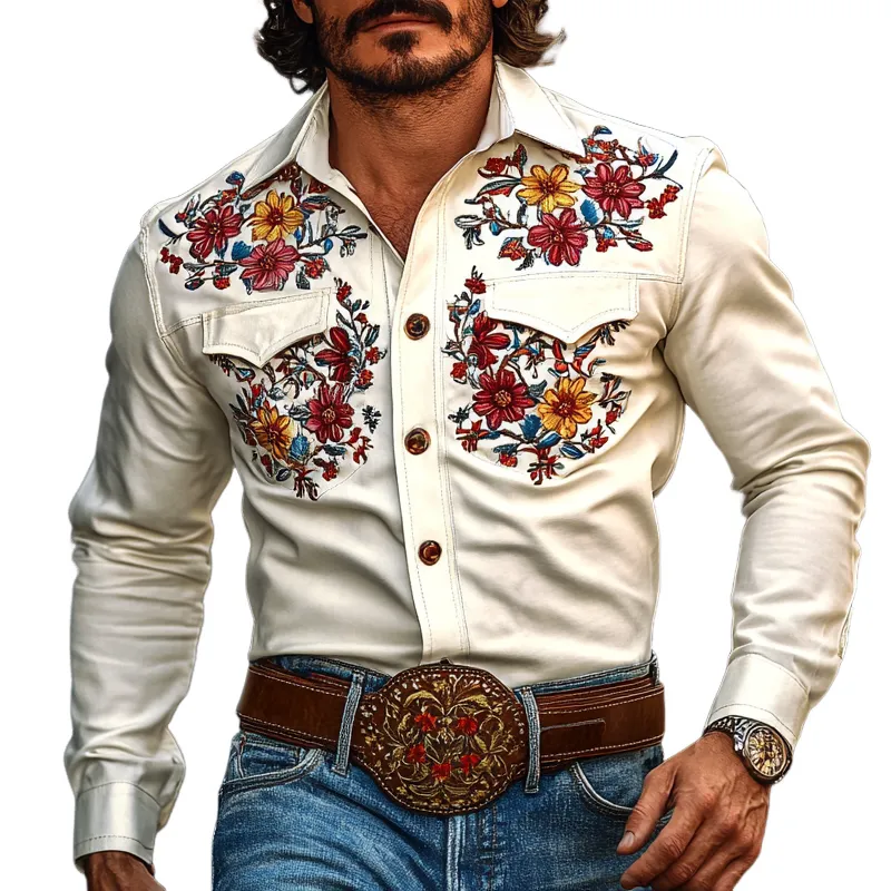 Men's Western Cowboy Style Embroidered Lapel Chest Pocket Long Sleeve Cotton Shirt 23231217Z sold by Manly