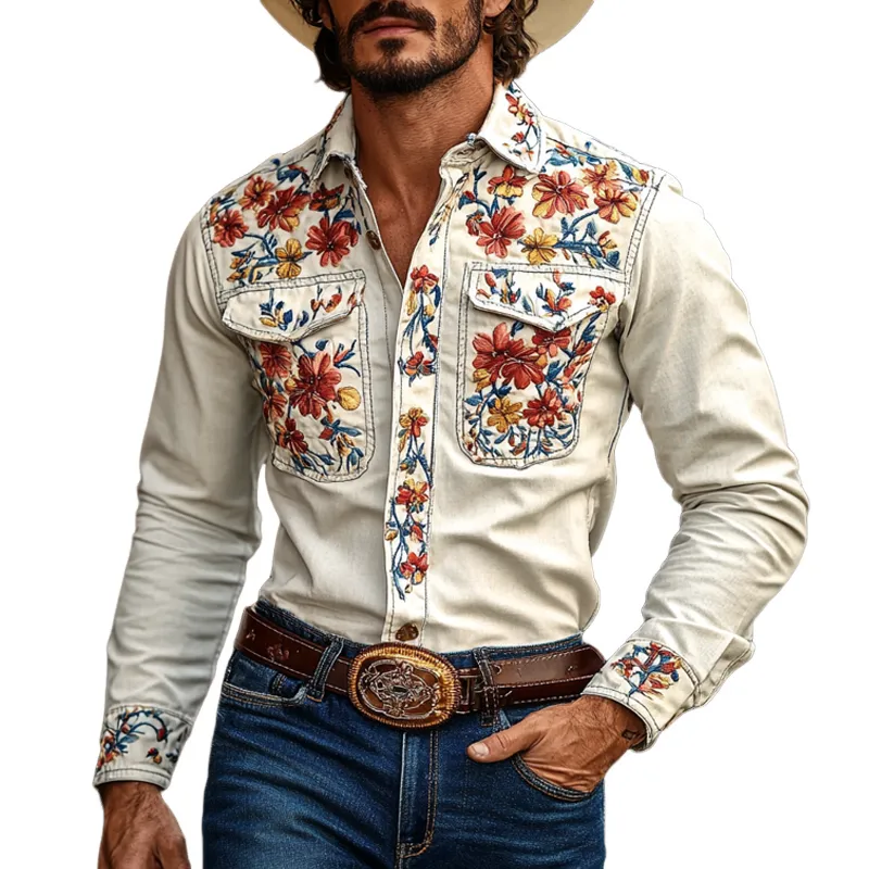 【24-hour shipping out】Men's Western Cowboy Style Embroidered Lapel Chest Pocket Long Sleeve Cotton Shirt 42207261Z sold by Manly