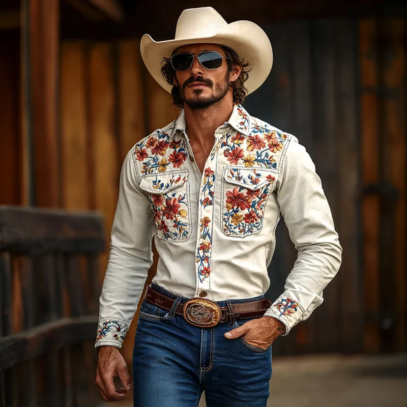 【24-hour shipping out】Men's Western Cowboy Style Embroidered Lapel Chest Pocket Long Sleeve Cotton Shirt 42207261Z sold by Manly product image thumbnail 3