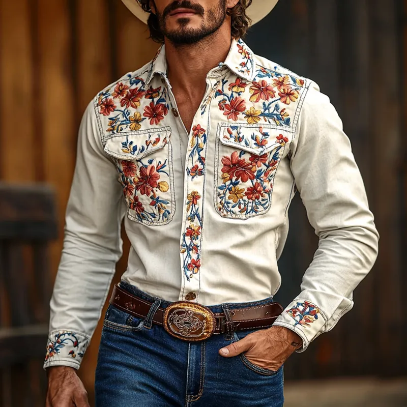 【24-hour shipping out】Men's Western Cowboy Style Embroidered Lapel Chest Pocket Long Sleeve Cotton Shirt 42207261Z sold by Manly product image thumbnail 2