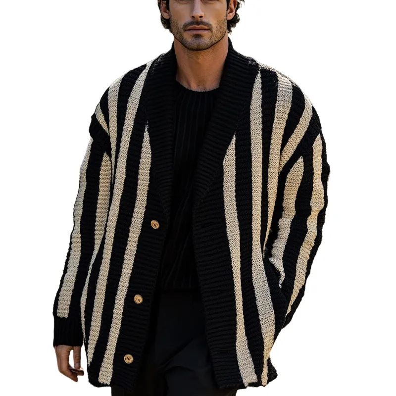 Men's Retro Vertical Striped Lapel Three-Button Knit Cardigan 87196959U sold by Manly