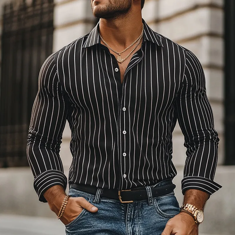 Men's Retro Casual Striped Lapel Long Sleeve Shirt 93134832TO sold by Manly product image thumbnail 2