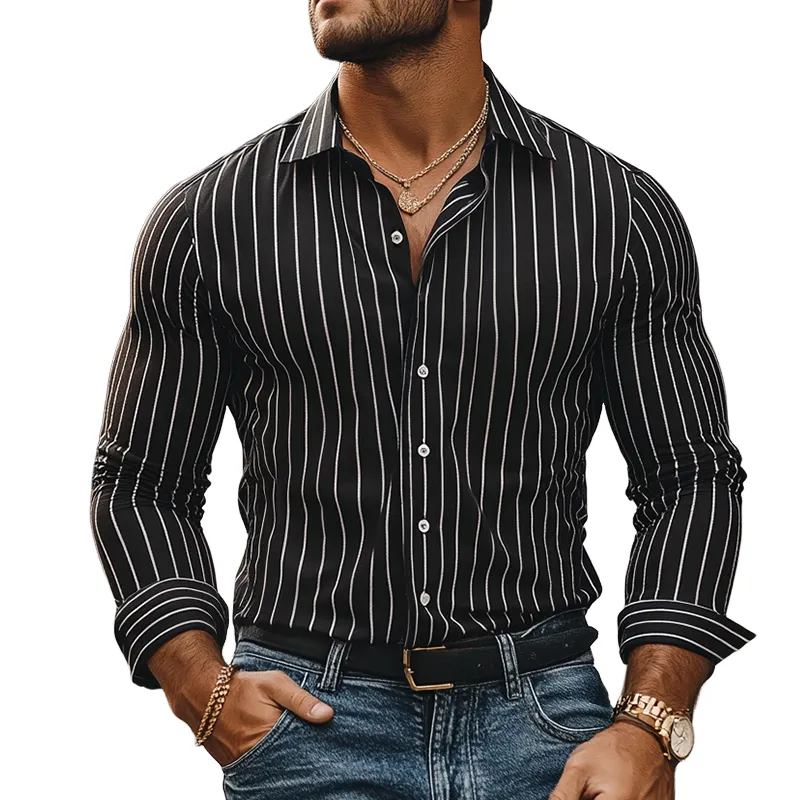 Men's Retro Casual Striped Lapel Long Sleeve Shirt 93134832TO sold by Manly