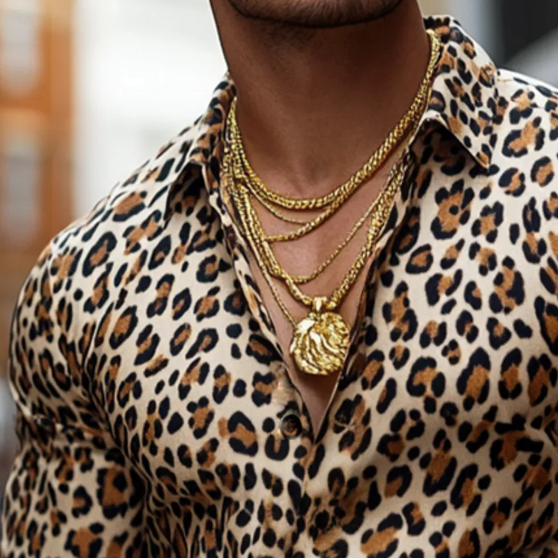 Men's Retro Casual Leopard Print Lapel Long Sleeve Shirt 34132395TO sold by Manly product image thumbnail 3