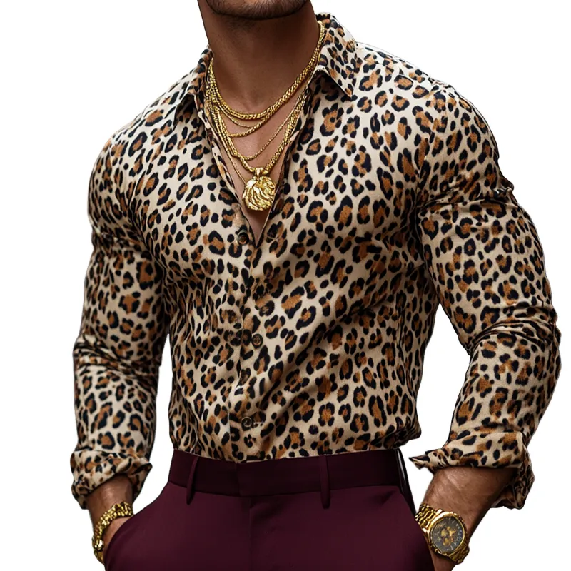 Men's Retro Casual Leopard Print Lapel Long Sleeve Shirt 34132395TO sold by Manly
